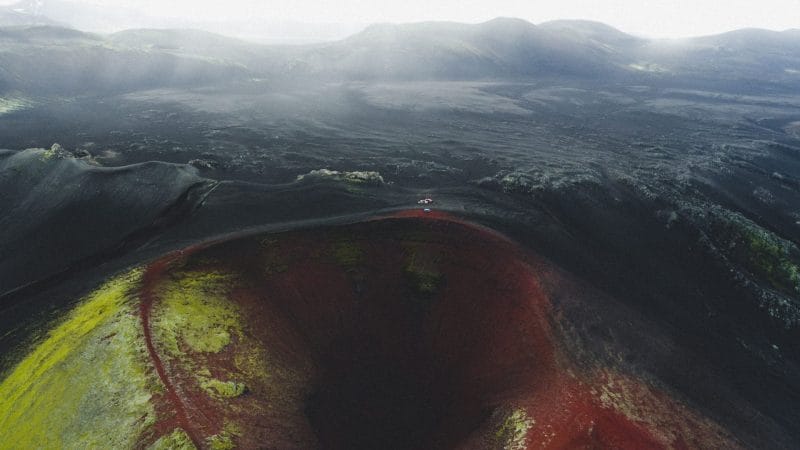 Aerial view over Crater in Landmannalaugar in the highlands of Iceland