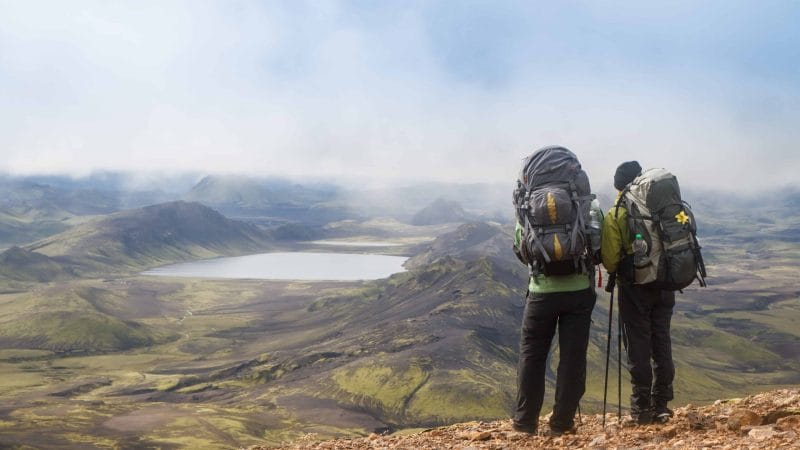 two people on the Laugavegur hiking trail in the highlands of Iceland