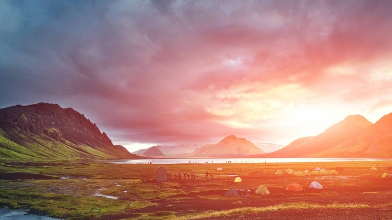 campsite at Álftavatn in the Laugavegur hiking trail in the highlands of Iceland