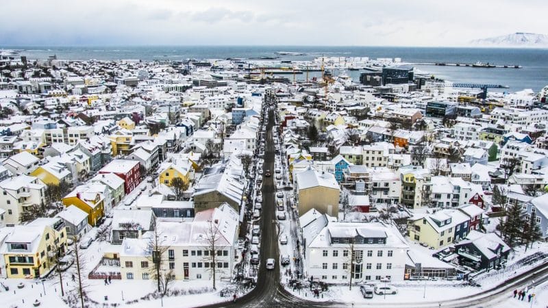 view over Reykjavik from Hallgrimskirkja church in winter