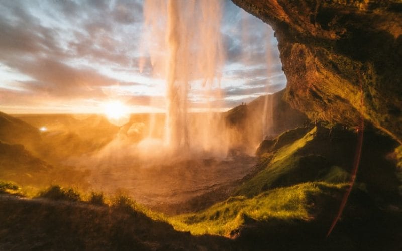 Seljalandsfoss walk behind waterfall on the south coast of Iceland
