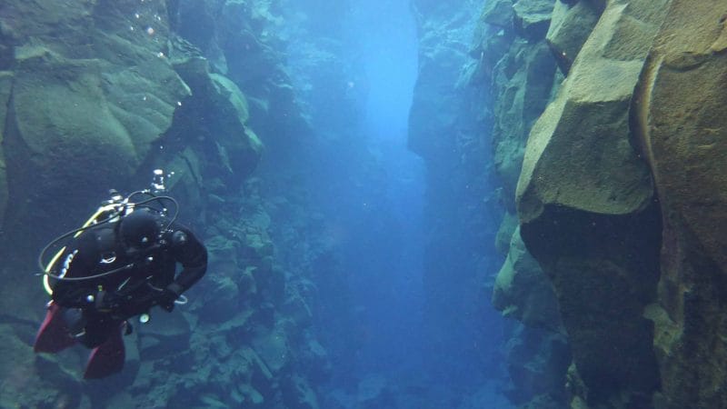 diving in Silfra fissure in Þingvellir National Park, the rift between continents in Iceland north America and Europe