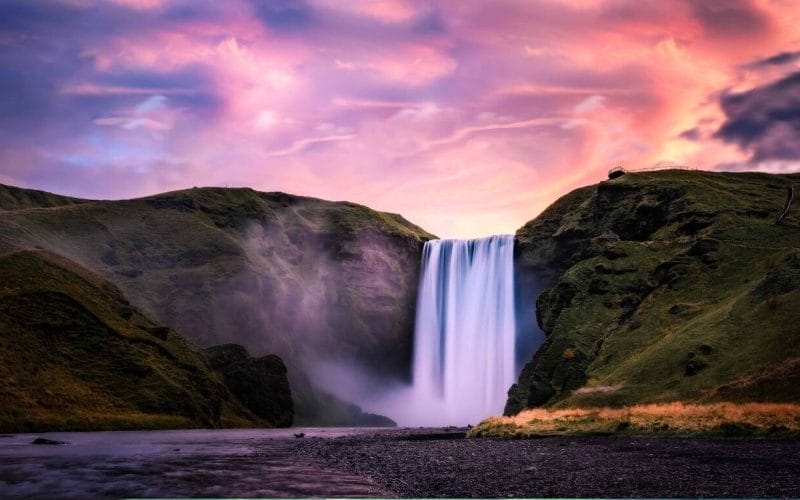 Iceland Travels | Top Sights in Iceland, Beautiful Sunset at Skógafoss Waterfall - South Iceland Must See - Midnight Sun in Iceland