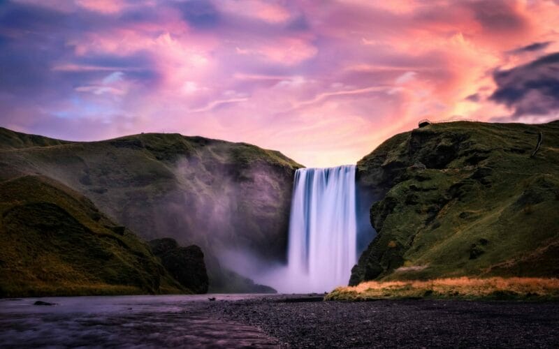 Beautiful Sunset at Skógafoss Waterfall - South Iceland Tours Booking