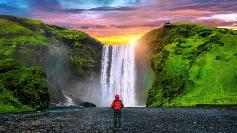 Beautiful Sunset at Skógafoss Waterfall - South Iceland Must See - Midnight Sun in Iceland