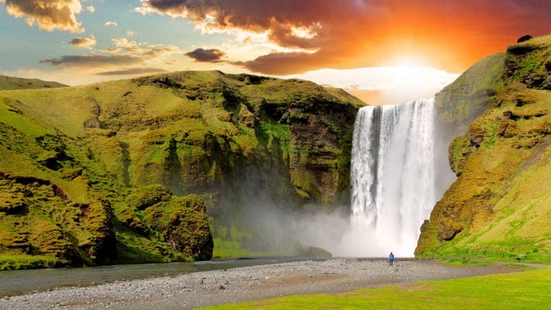 Beautiful Sunset at Skógafoss Waterfall - Iceland Must See