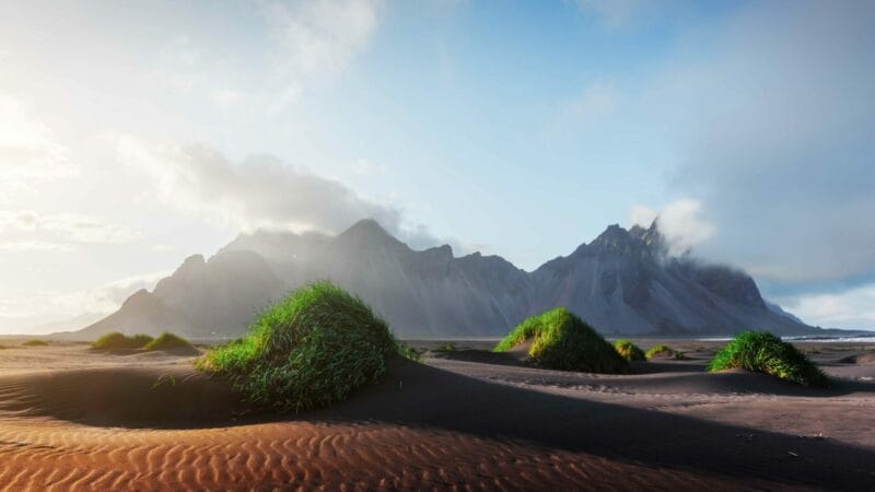 Stokksnes black sand beach and Vestrahorn mountain in south east Iceland