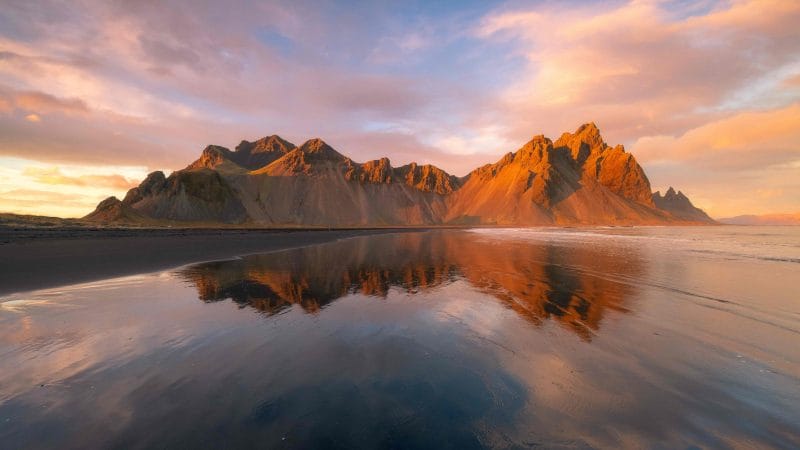 midnight sunset at Stokksnes and Vestrahorn in south east Iceland