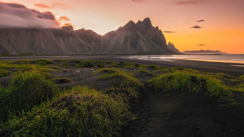 Stokksnes midnight sun in Iceland in July