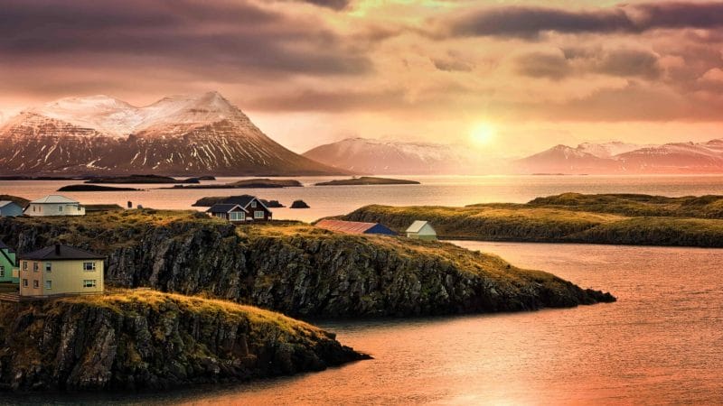 Sunset in Stykkisholmur village in Snæfellsnes Peninsula