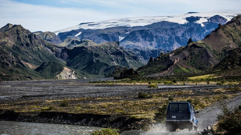 Super Jeep driving on the way to Þórsmork in the highlands of Iceland