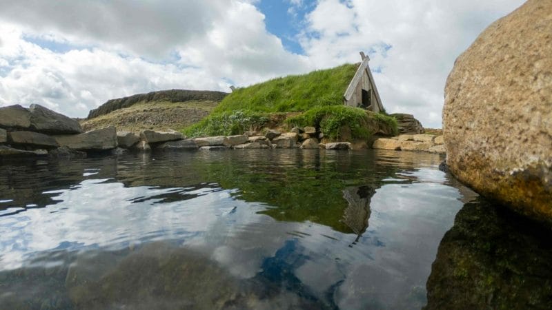 Iceland hot spring, turf house in Hrunalaug hot spring in the Golden Circle Iceland