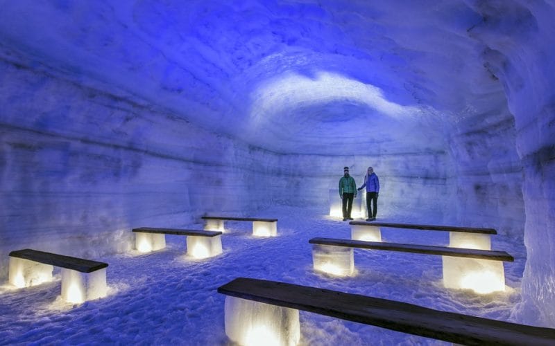 the chapel inside the glacier ice cave in Langjokull