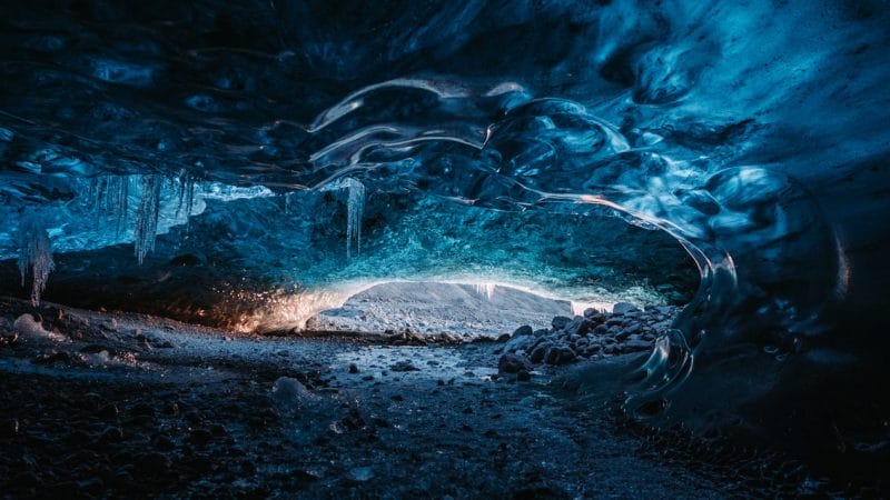 crystal blue ice cave in south Iceland