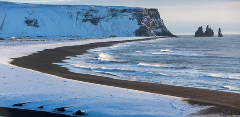 Reynisfjara black sand beach in South Iceland during winter
