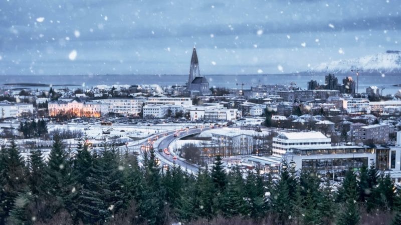 Winter in Reykjavik seen over Hallgrimskirkja church