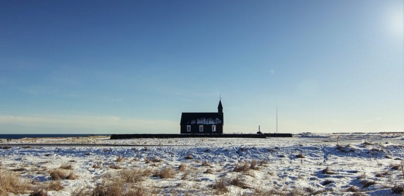 Búðarkirkja black church in Búðir Snæfellsnes during winter