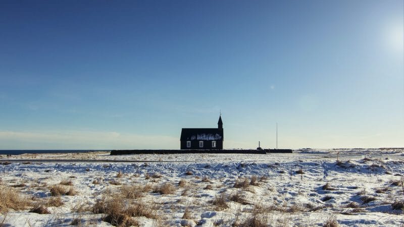 Búðarkirkja black church in Búðir Snæfellsnes during winter