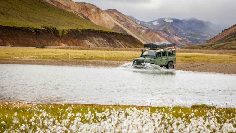Super Jeep Tours Iceland, jeep driving over rivers in Landmannalaugar in the highlands of Iceland
