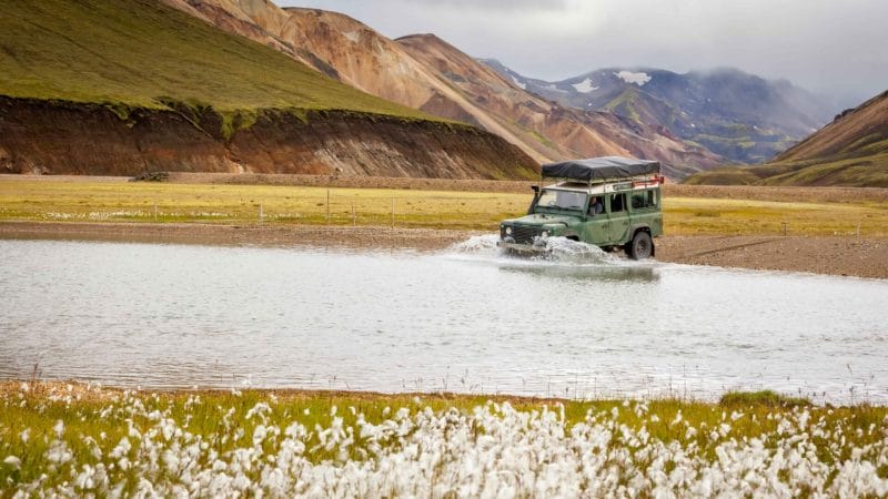 Super Jeep Tours Iceland, jeep driving over rivers in Landmannalaugar in the highlands of Iceland