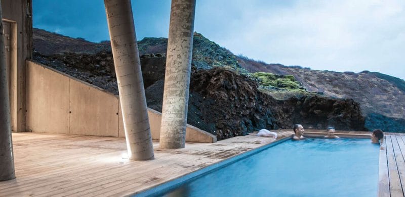 The lava spa outdoor swimming pool spa at northern lights over Ion adventure hotel luxury hotel in the Golden Circle Iceland